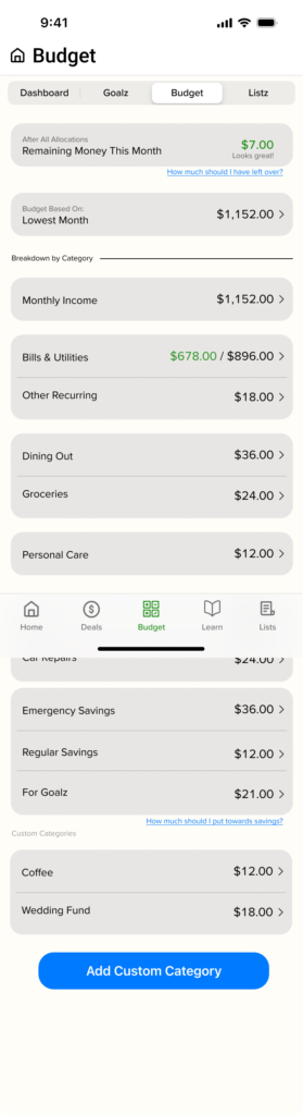 Mid-fidelity revision step for the budget landing page